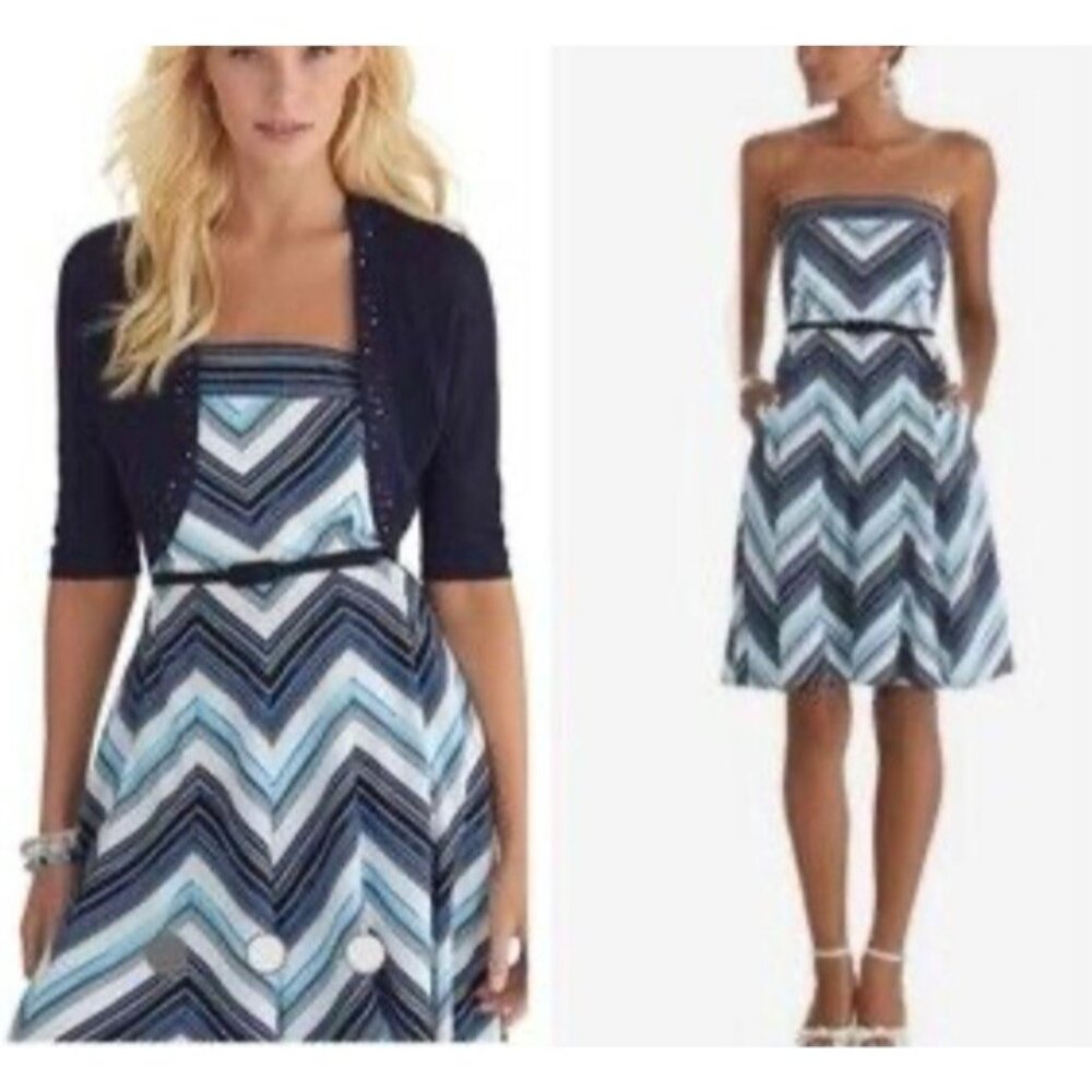 WHBM Strapless Sun Dress 10 White Blue Black Smocked A Line Summer Washable